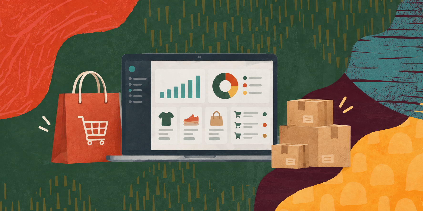 Illustration of an ecommerce dashboard with product listings, a shopping bag, and shipping boxes